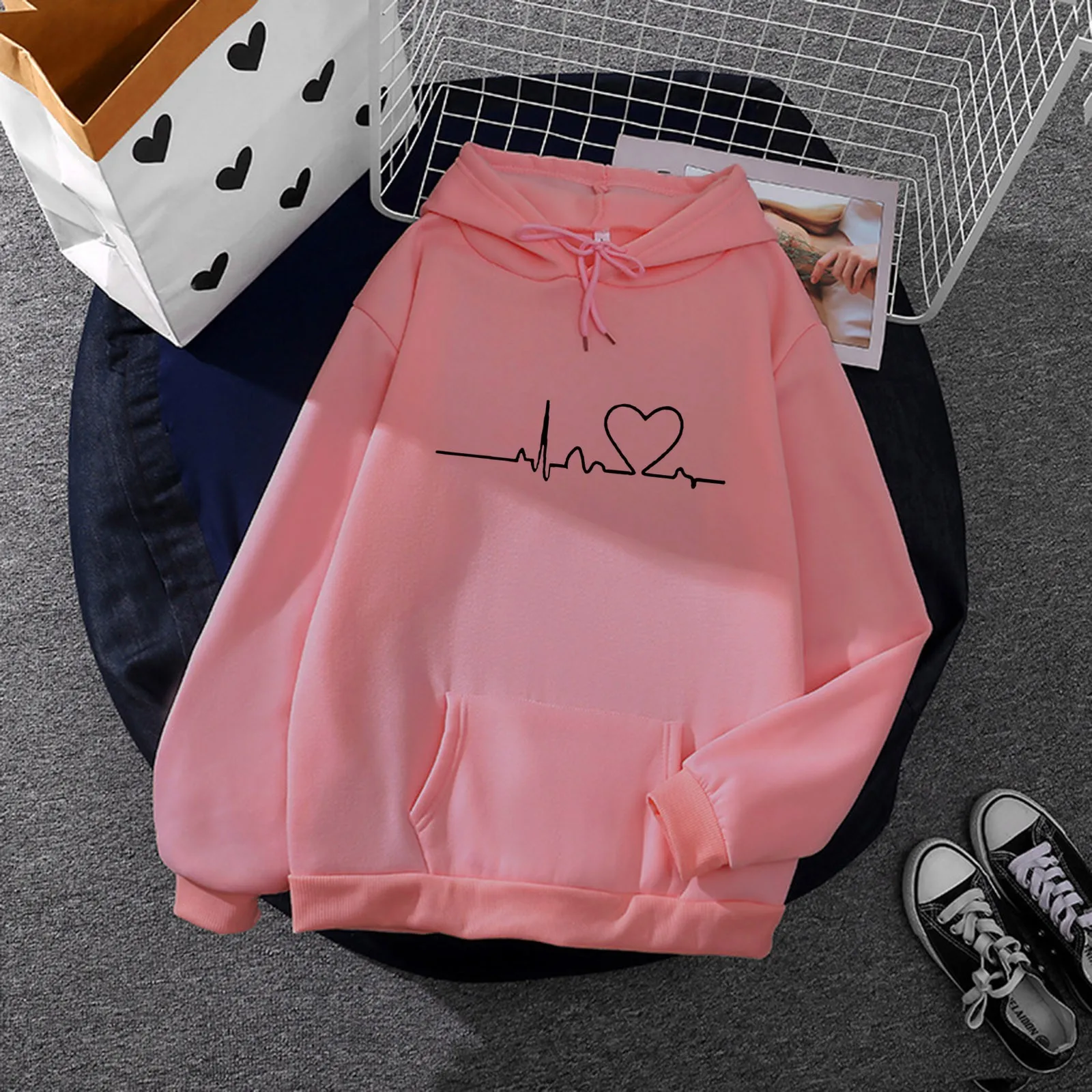 New Women Casual Hoodies Autumn/Winter Heartbeat Print Men Loose Hoodies Couple Sweatshirts Ladies Hooded Tops Streetwear