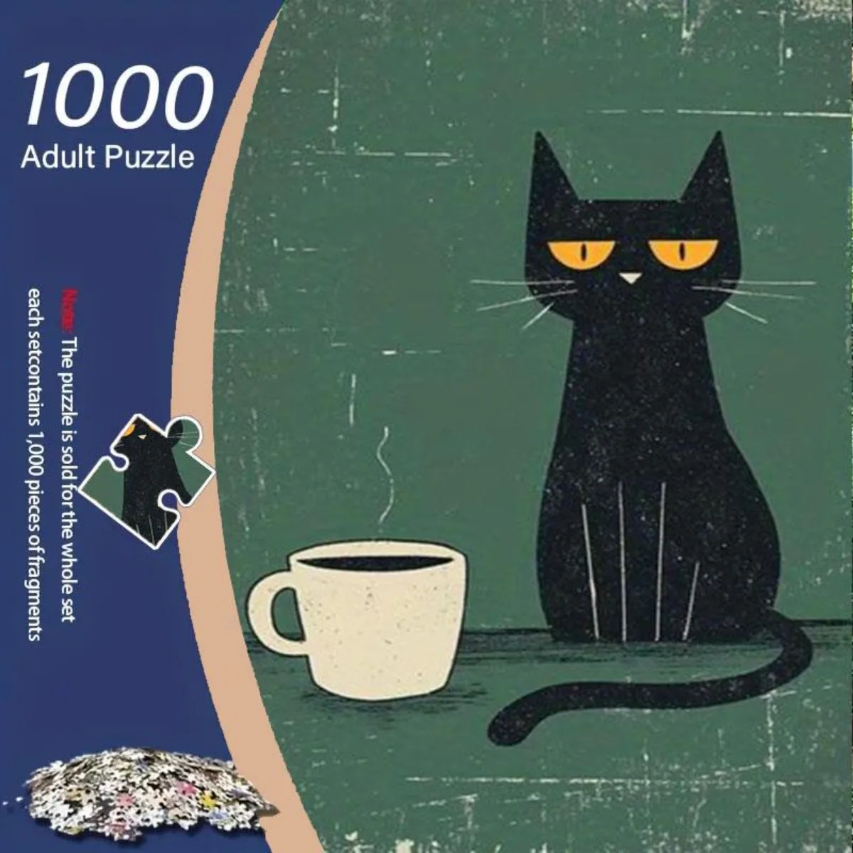 1000pcs Adult Puzzle - Dark Black Cat with Warm Coffee & Retro Green Background, Literary Style Relaxing Afternoon Scene, Fram