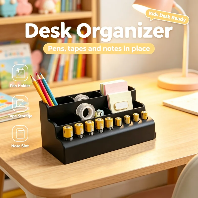 Black Multifunctional Desktop Storage Box, Three-In-One Desktop Organizer with Battery Storage Compartment, Pen Slot, and Remote Control Holder, a Sturdy and Compact Office Supplies Organizer, Space-Saving Stationery Storage Box That Can Be Placed on a Bedside Table, Suitable for Home, Office, Children's Study Areas, and Dormitory Use