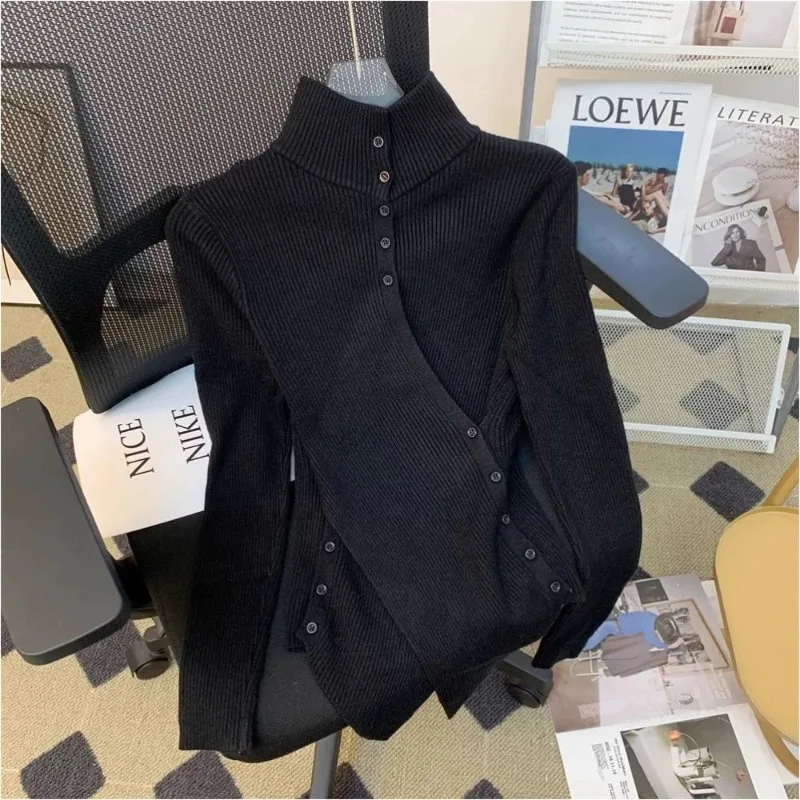 

Oversize New Bottoming Tops Women Autumn Winter Thicked Warm Cardigan Black Sweaters Irregular Slim Fit Knitted Pullover