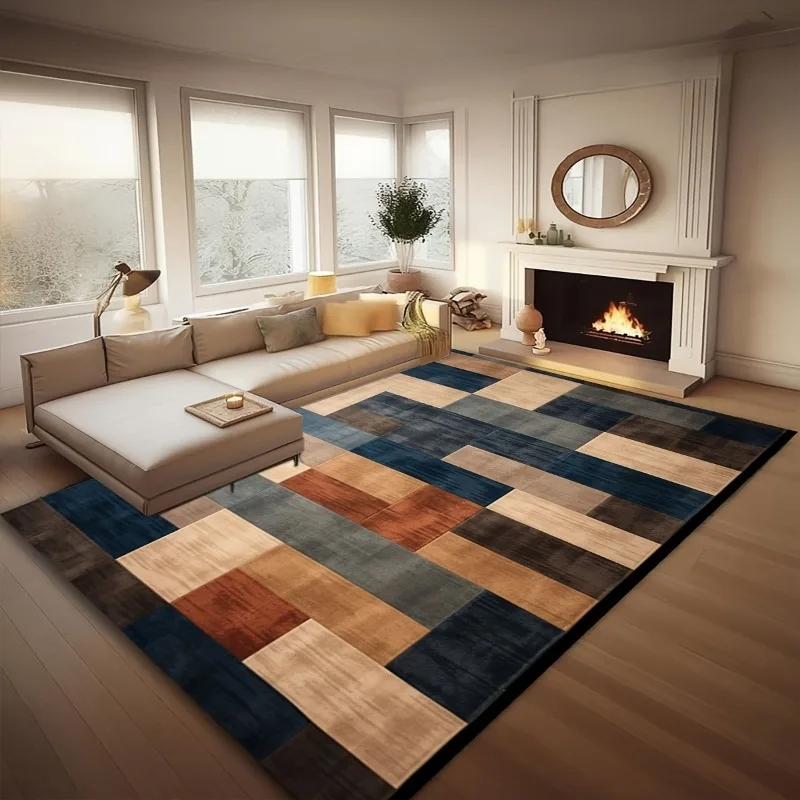 Tapis géométrique doux antidérapant marron beige patchwork pour salon chambre à coucher, facile à nettoyer, décoration moderne pour la maison