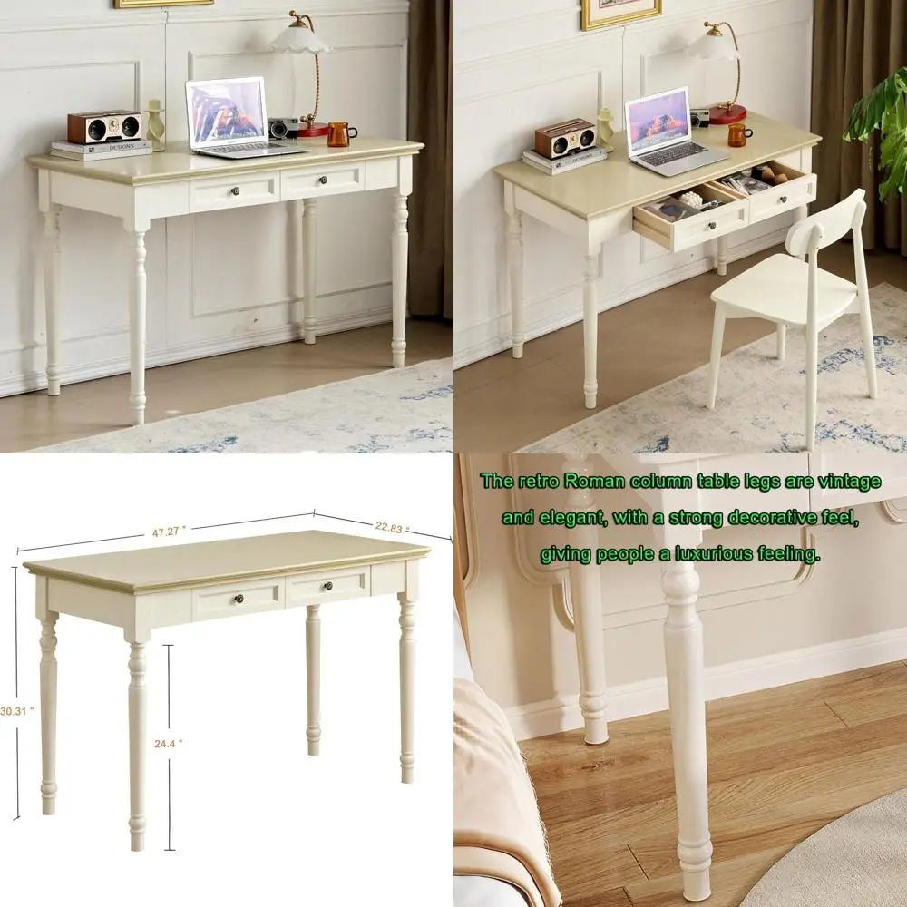 solid wood computer writing desk with drawers, 47” home office desks with round table legs, for home, den room or workspace
