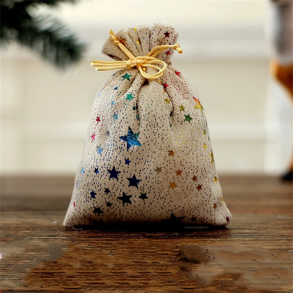 Christmas Cotton Linen Gift Bags Xmas Tree Printed Drawstring Pocket Christmas Party Gift Packaging Jewelry Storage Bags