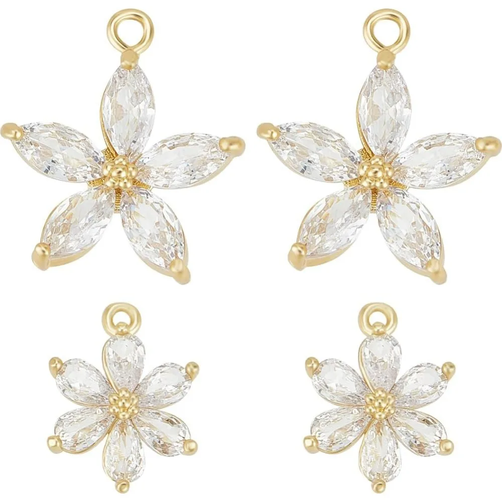 6 pçs 2 estilo zircônia cúbica flor encantos 18k banhado a ouro floral margarida cristal strass pingente encantos com salto fazendo kit