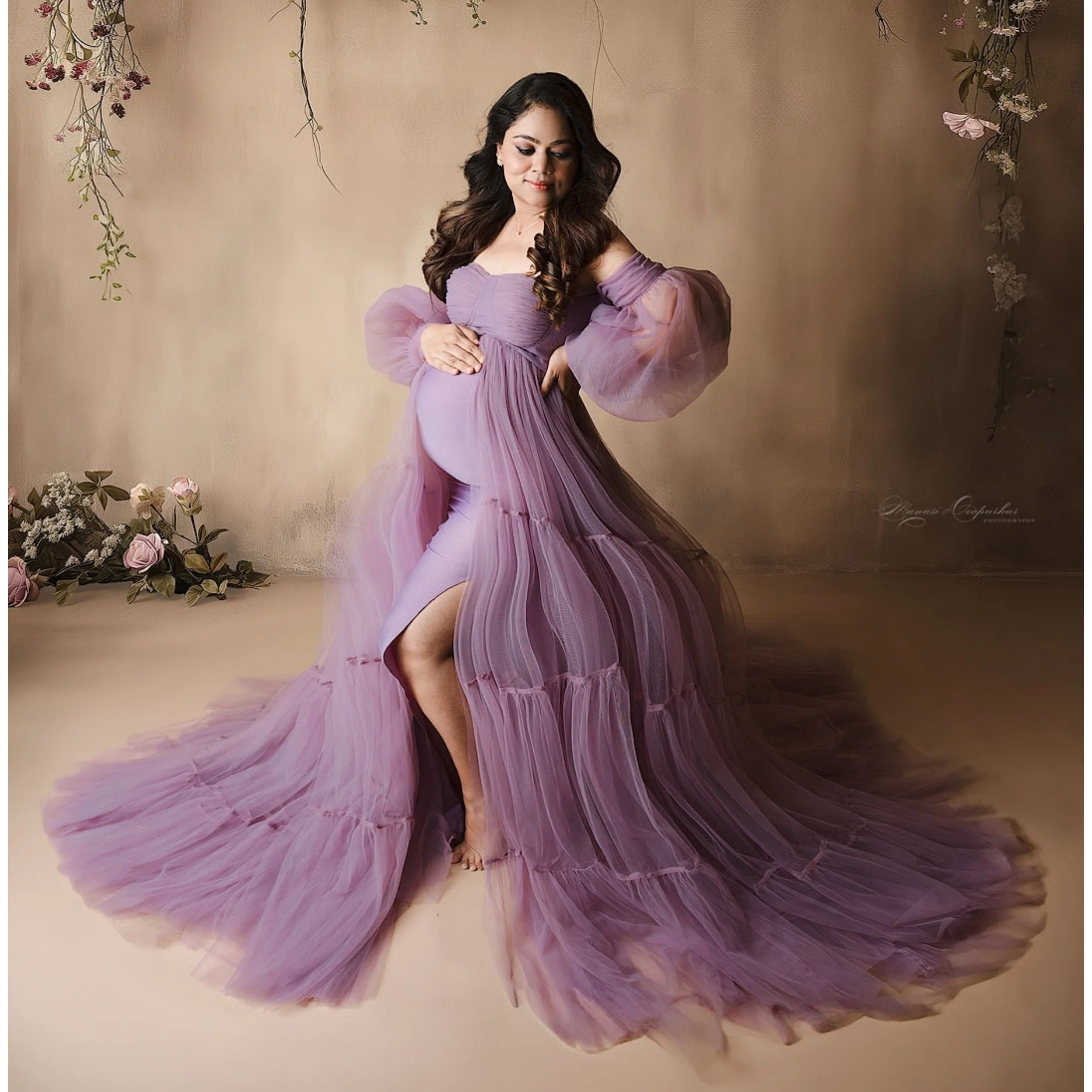 

Элегантные фиолетовые платья для беременных для фотографии, милые длинные платья с разрезом для детского душа, наряд по индивидуальному заказу, платье для беременных