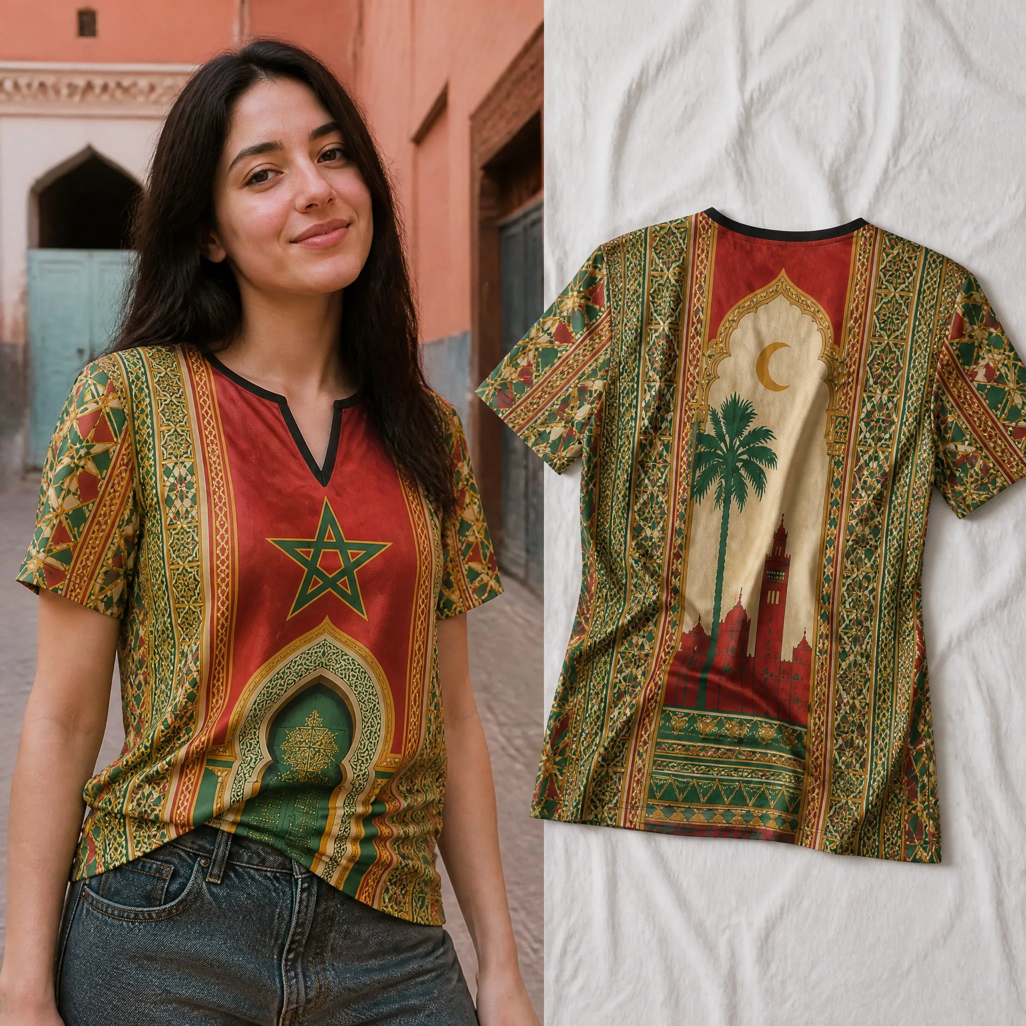 Womens V Neck Short Sleeve Morocco T Shirt Red Crest Sunrise Palace Print Casual Summer Graphic Tee Soft Travel Wear Holiday Top