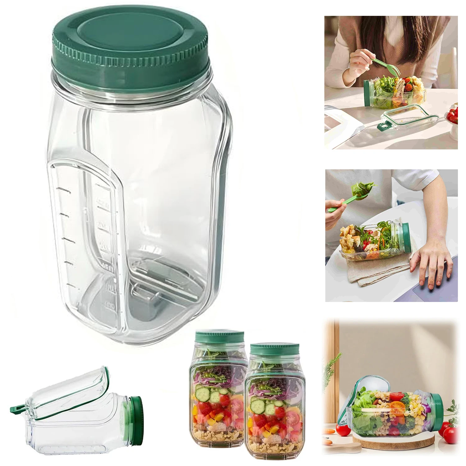Leakproof Plastic Salad Box Container with Side-opening Cover, Portable Breakfast Fruit Storage Box for Picnic Home Office