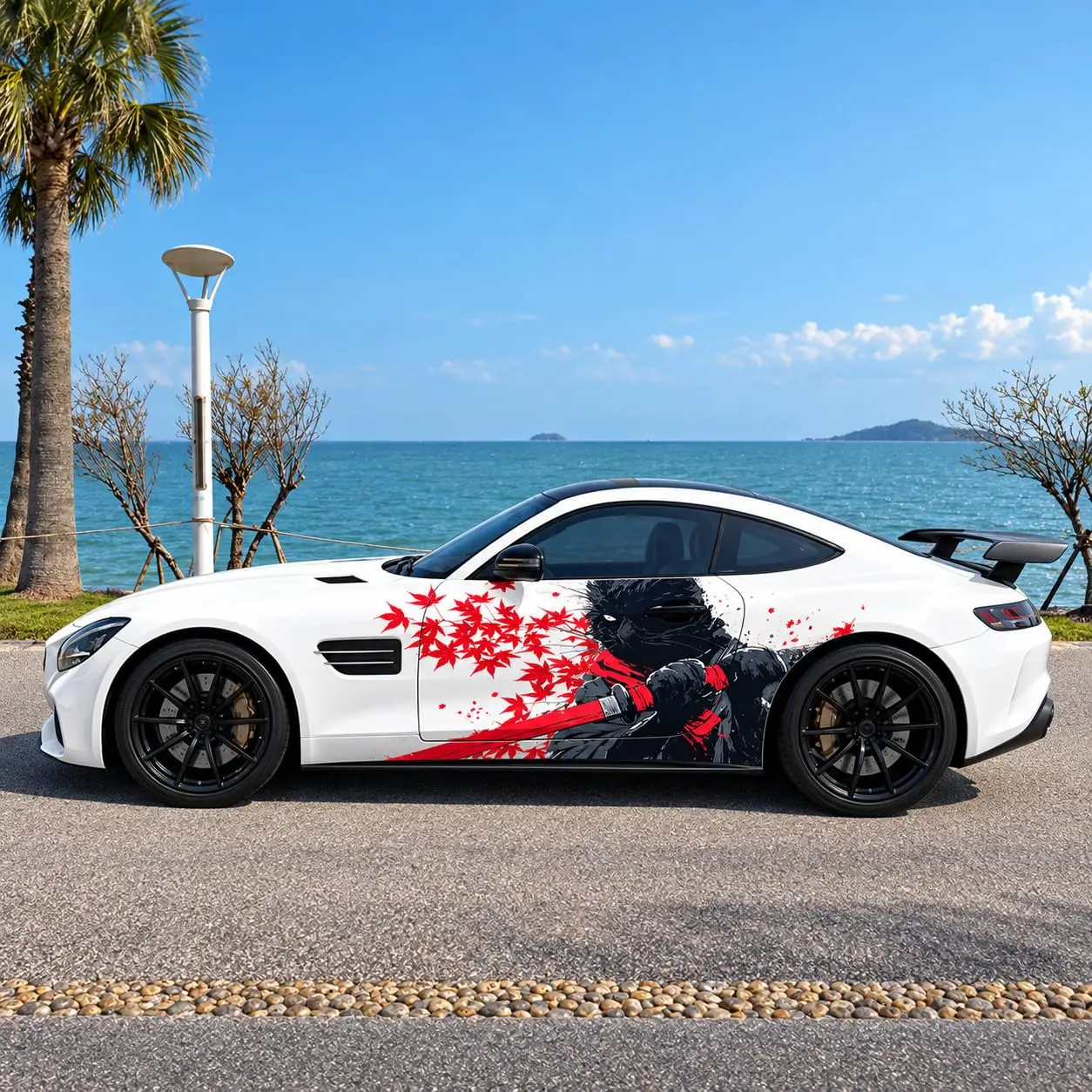 Ninja Samurai Car Side Vinyl Wrap Decal, Red Maple Leaf Design