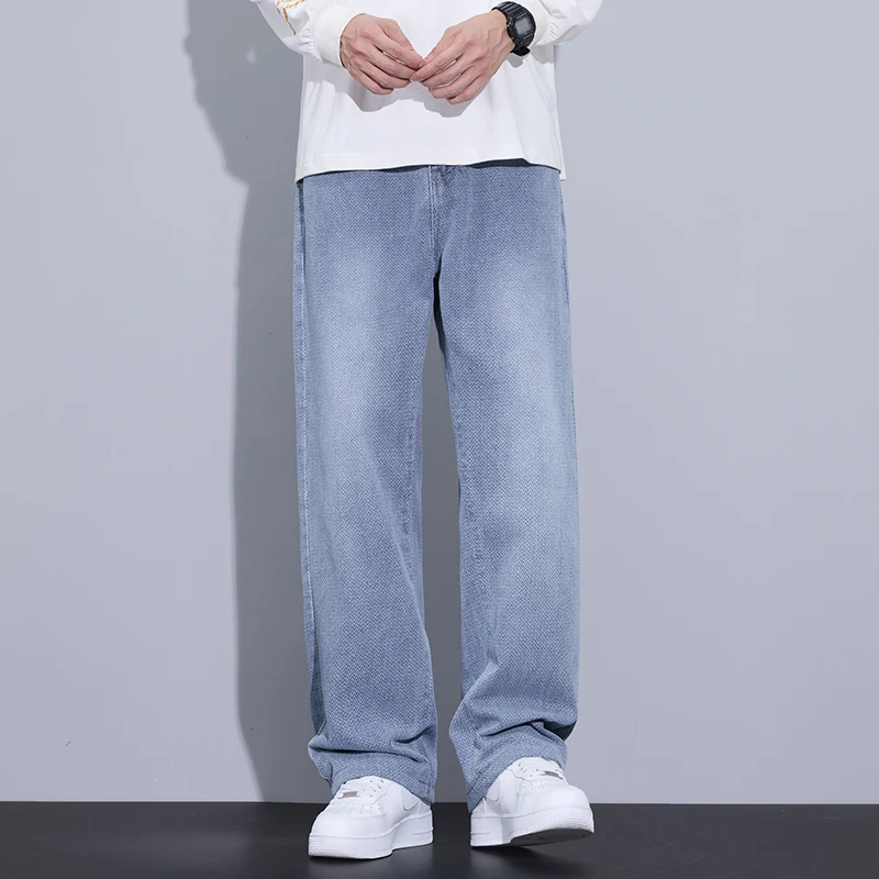 Spring Autumn Men's Jeans Straight Denim Pants Banding Waist Cotton Streetwear Wide Leg Loose Casual Blue Long Jeans Trousers