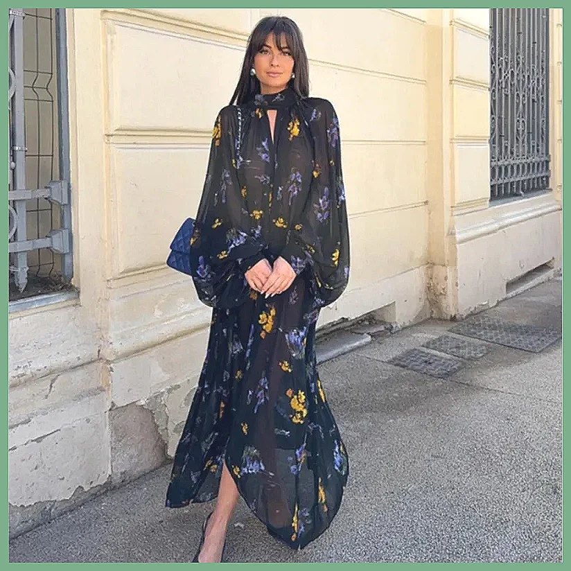 Gaun Chiffon Lengan Panjang Modis dengan Detail Tali, Motif Cetak untuk Pakaian Sehari-hari Wanita