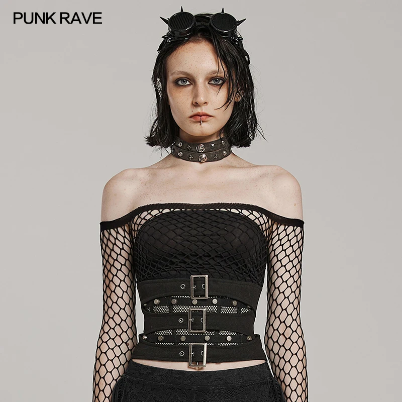 

PUNK RAVE Women's Punk Double Layered Design Corset with Adjustable Loops Party Black Girdle Accessories Slim Waist Belt