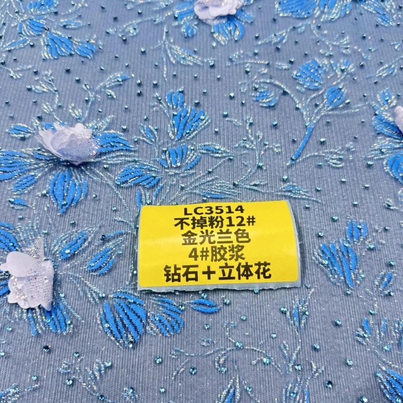 10Yards Blue Not shedding powder dimensional flower Wedding Dress Fabric Mesh Gold Spray 150cm Wedding Party Spray gold Tull