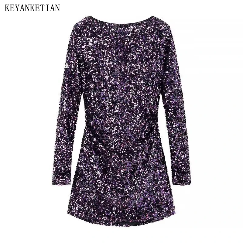 KEYANKETIAN printemps nouveau femmes dos col en v dos nu à manches longues perle embellissement coupe ajustée hanche étreinte robe
