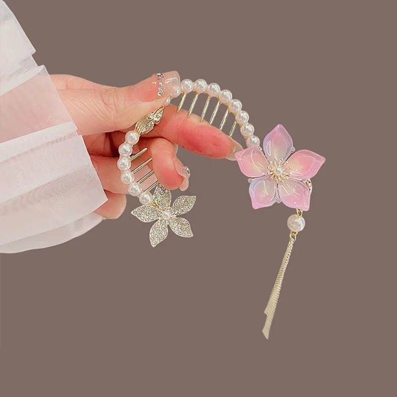 1Pcs Fashion Pearl Tassel Crystal Flower Hair Claws For Women Girls Party Ponytail Hair Accessories