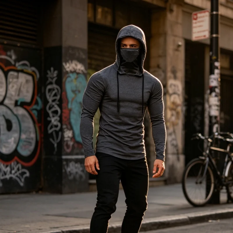 Mens Gym Thin Hoodie Long Sleeve Hoodies With Mask Sweatshirt Casual Splice Large Mask Hoodie Sweatshirt Hooded Tops Cycling - Image 6