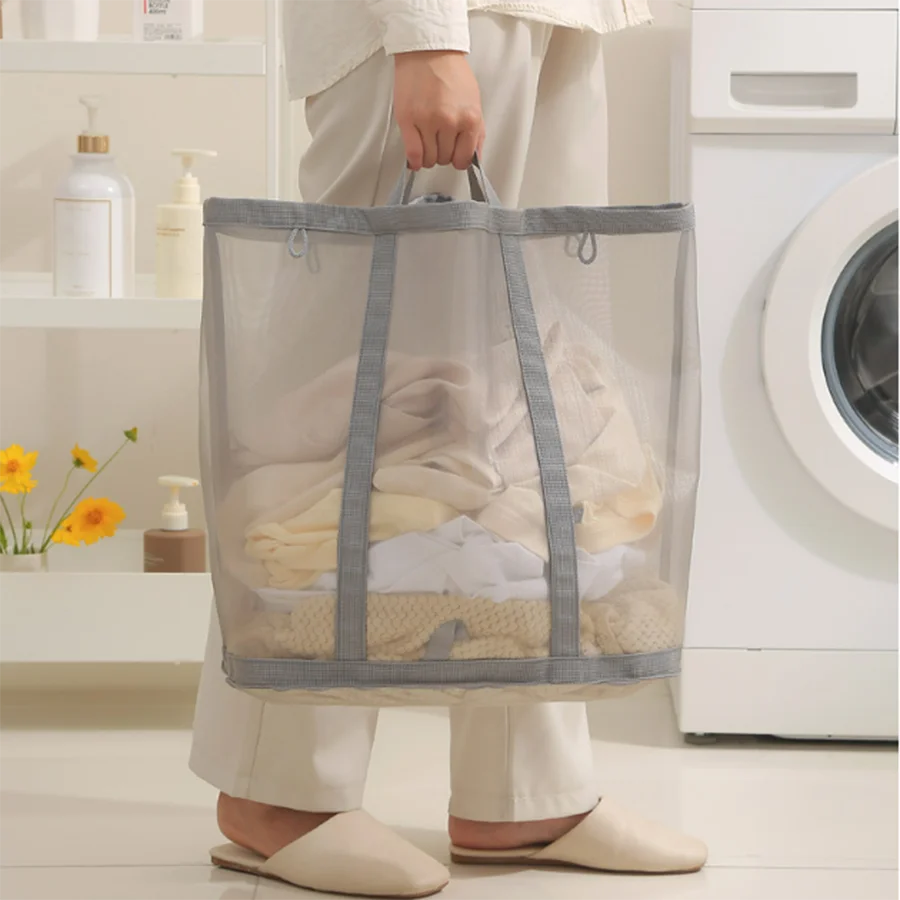 Foldable Mesh Laundry Basket Breathable Laundry Hamper Laundry Organizers Storage Pouch Cloth Hangable Storage Bag for home