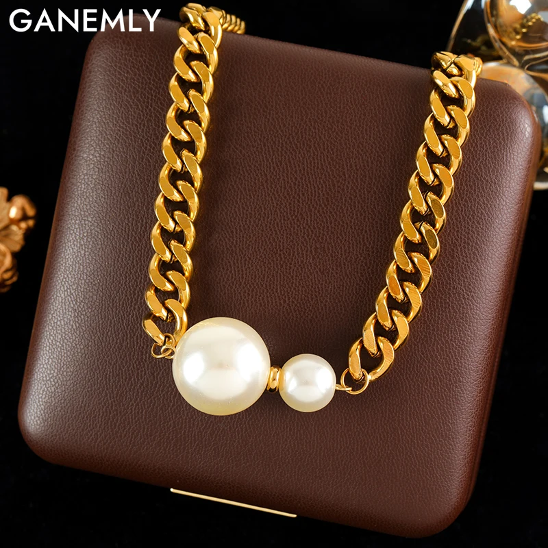 GANEMLY 316L Stainless Steel Exaggerated Large Pearls Necklace For Women Fashion Punk Neck Chain Waterproof Jewelry Gift Collar