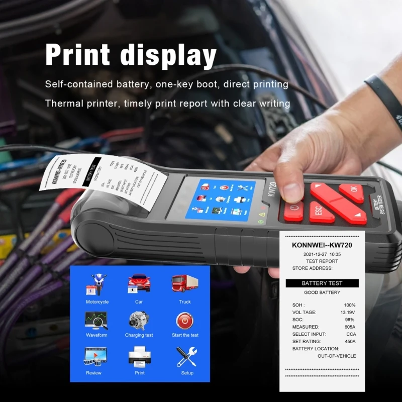 6V 12V 24V Automotive Battery Load Tester with Printer, 100-2000CCA Car Battery Analyzers Auto Cranking and Charging AOS