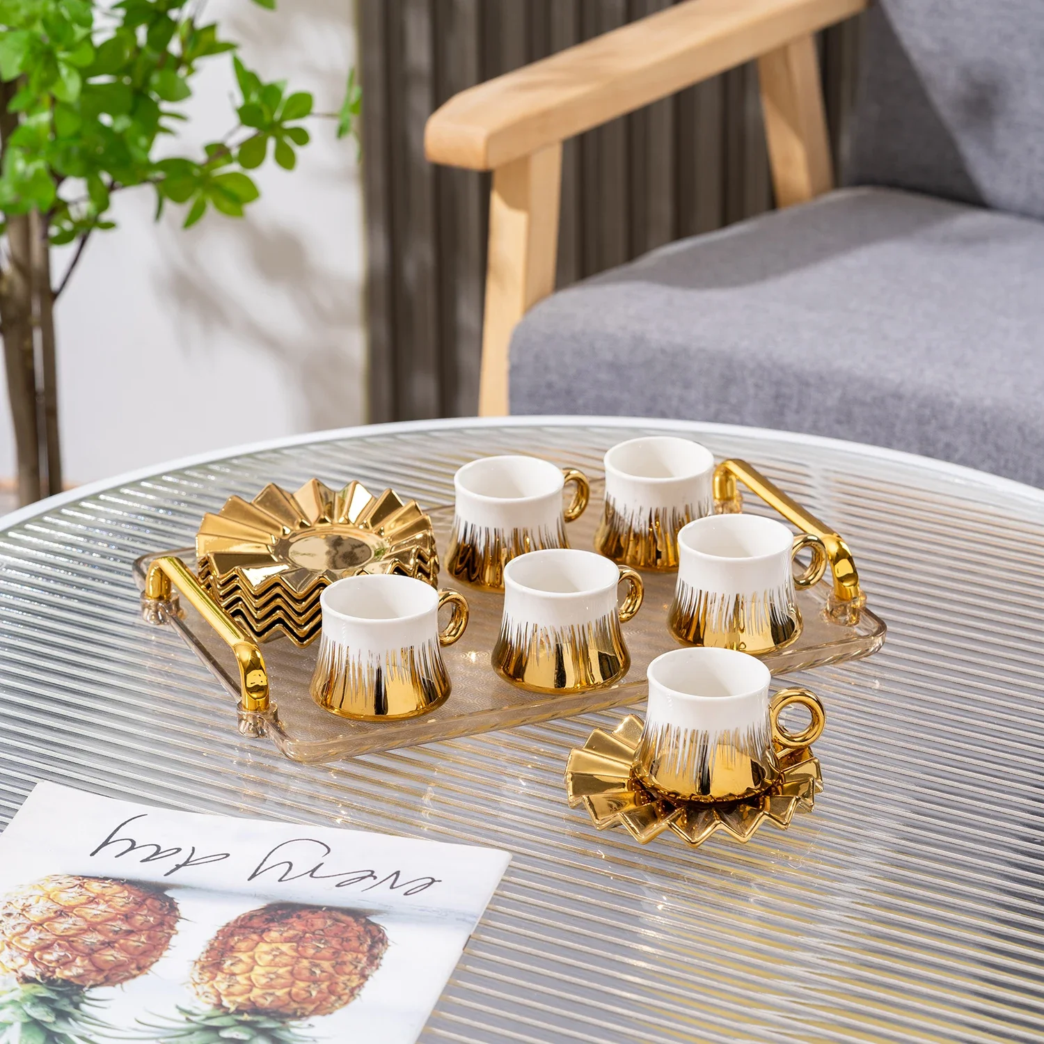 

# Customized 90ml Turkish Green Gold-plated Tea Saucer, Espresso Ceramic Coffee Cup, Porcelain Tea Saucer 6-piece Set #