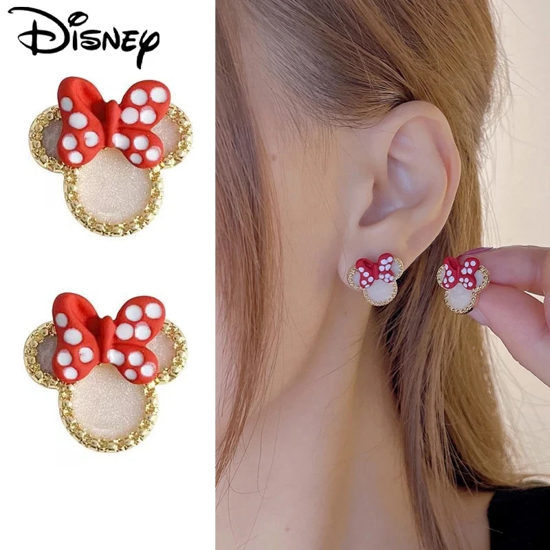 Kawaii Disney Red Bow Minnie Set Diamond Earrings Adorable Girls High Grade Earrings Fashion Light Luxury Jewelry Holiday Gifts