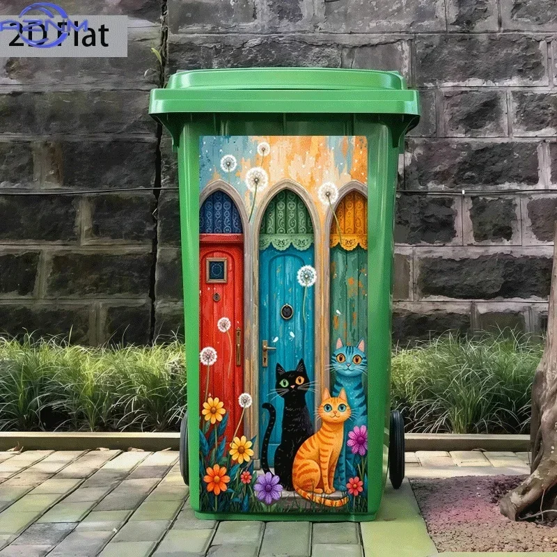 2D 1PCof Trash Can Sticker,  Featuring a Colorful Cat Design, Self-Adhesive Wall Decoration for Kitchen Trash Cans (Suitable f