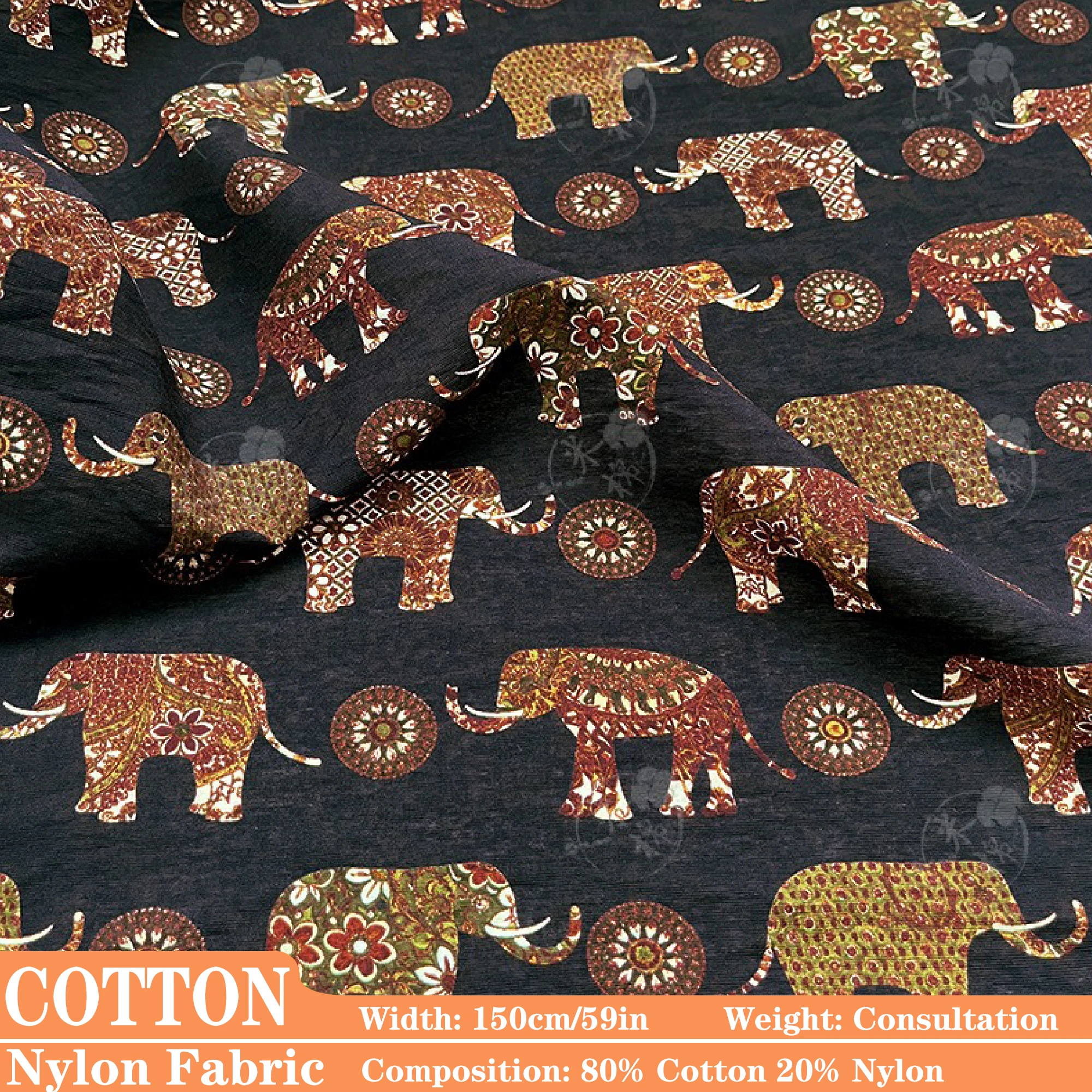 

1/3/5M Bohemian Elephant Print Cotton-Nylon Fabric,Soft Skin-Friendly & Dresses shirt Bisht DIY Sewing Designer Cloth (by Meter)