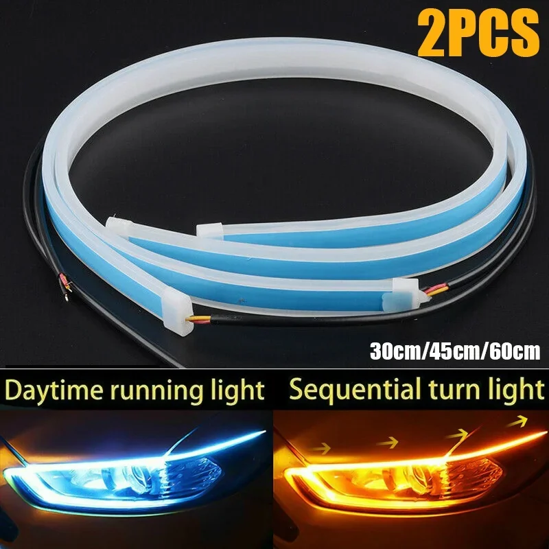 2Pcs 12V Led Guide Strip Headlight for Car Daytime Running Lights Turn Signal Bulb DRL Sequential Switchback 30cm/45cm/60cm