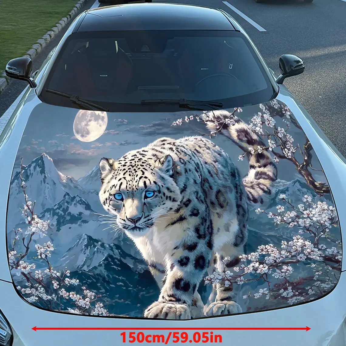 Cherry Blossom Snow Leopard Print Car Hood Decal Sticker - Durable PVC Vinyl Wrap For Most Vehicles, Eye-Catching Cool Pattern D