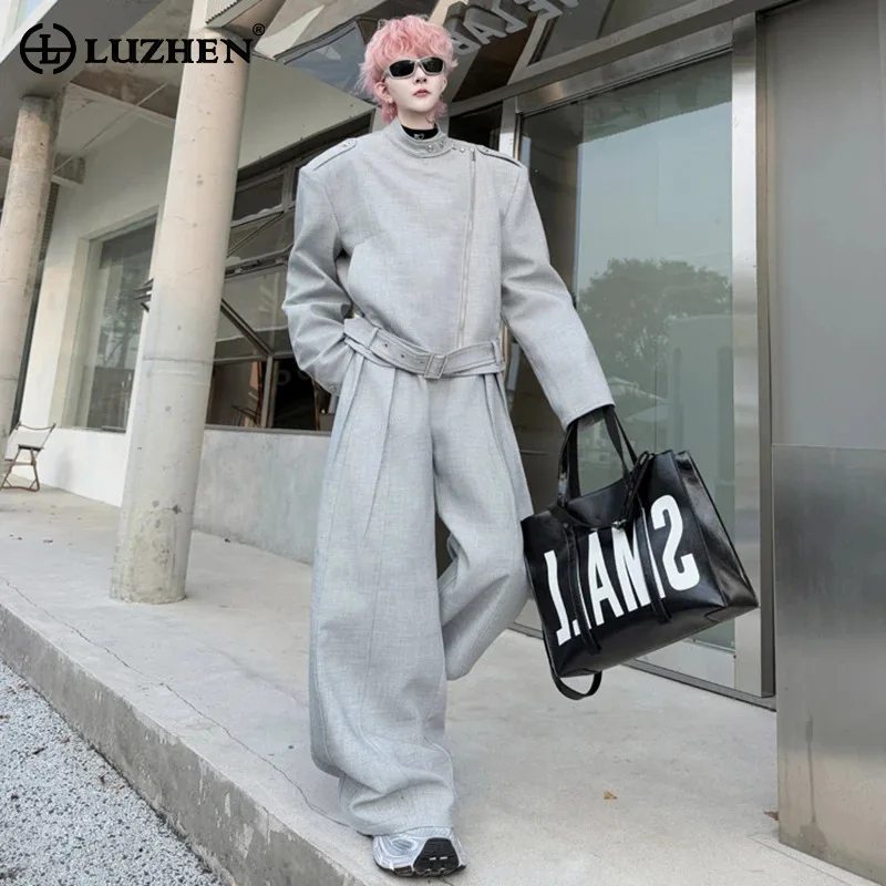 LUZHEN Straight Design 2025 Zipper Spring Loose New Slant Fold Casual Pants Men High Street Fashion Plain Two-piece Sets JY5493