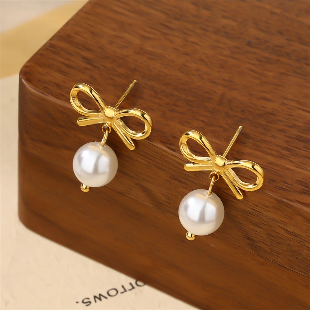 

Elegant Pearl Stainless Steel Bow Bowknot Earrings For Women Romantic Party Wedding Drop Earrings Fashion Jewelry Girls Gift