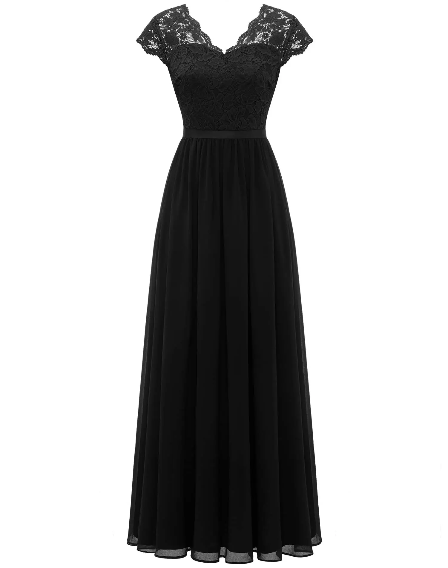 Lace Edge Splicing Chiffon Double V-neck Long Formal Evening Dress