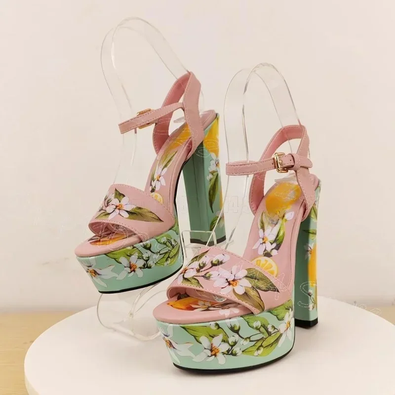 Colorful Floral Print Open Toe Platform Sandals Buckle Strap Women Shoes Chunky High Heels Party Feast 2026 Zapatos Para Mujere