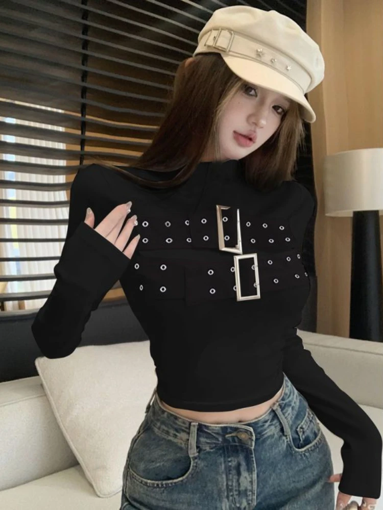 

QWEEK Korean Fashion Kpop Long Sleeve Crop T Shirt Women 2024 Autumn Chic High Street Basic Slim Cropped Tops Solid Simple