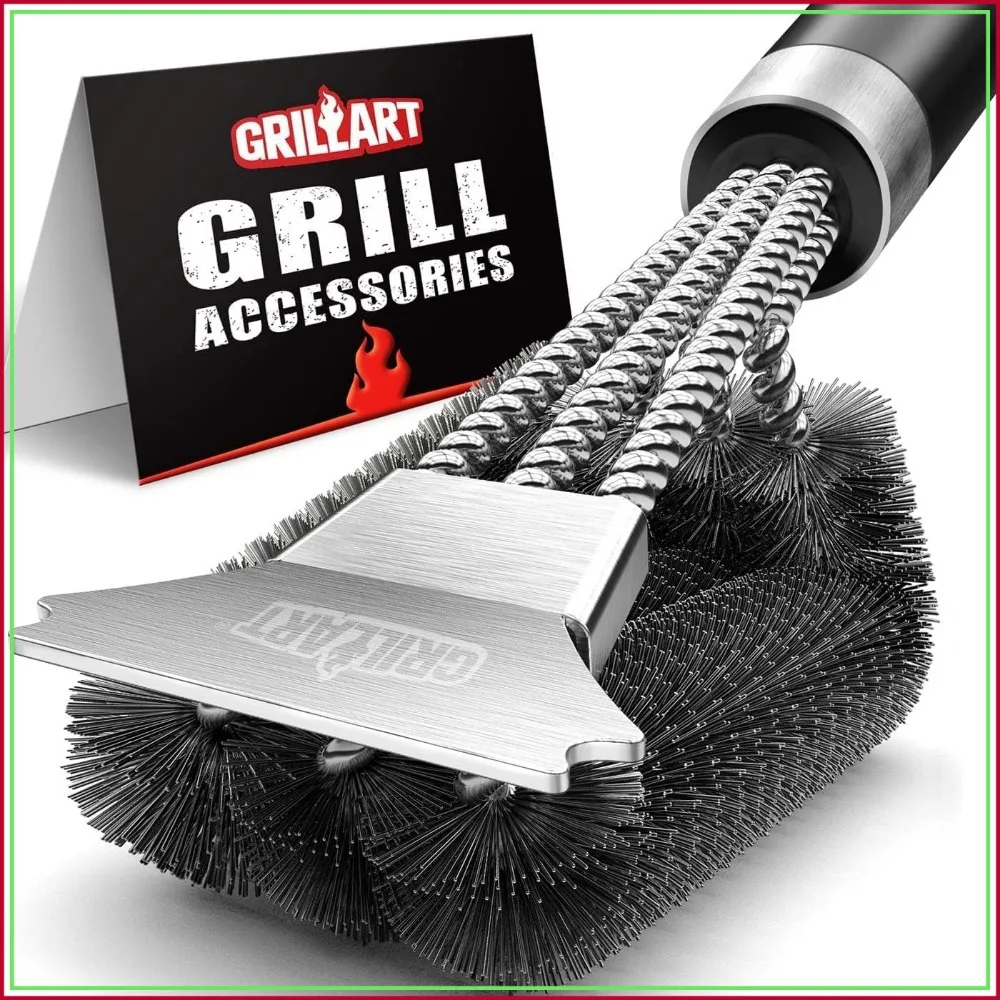 Heavy Duty Grill Brush & Scraper – 360° BBQ Cleaning for Gas/Charcoal Grills, Ergonomic Handle, Safe Wire Bristles