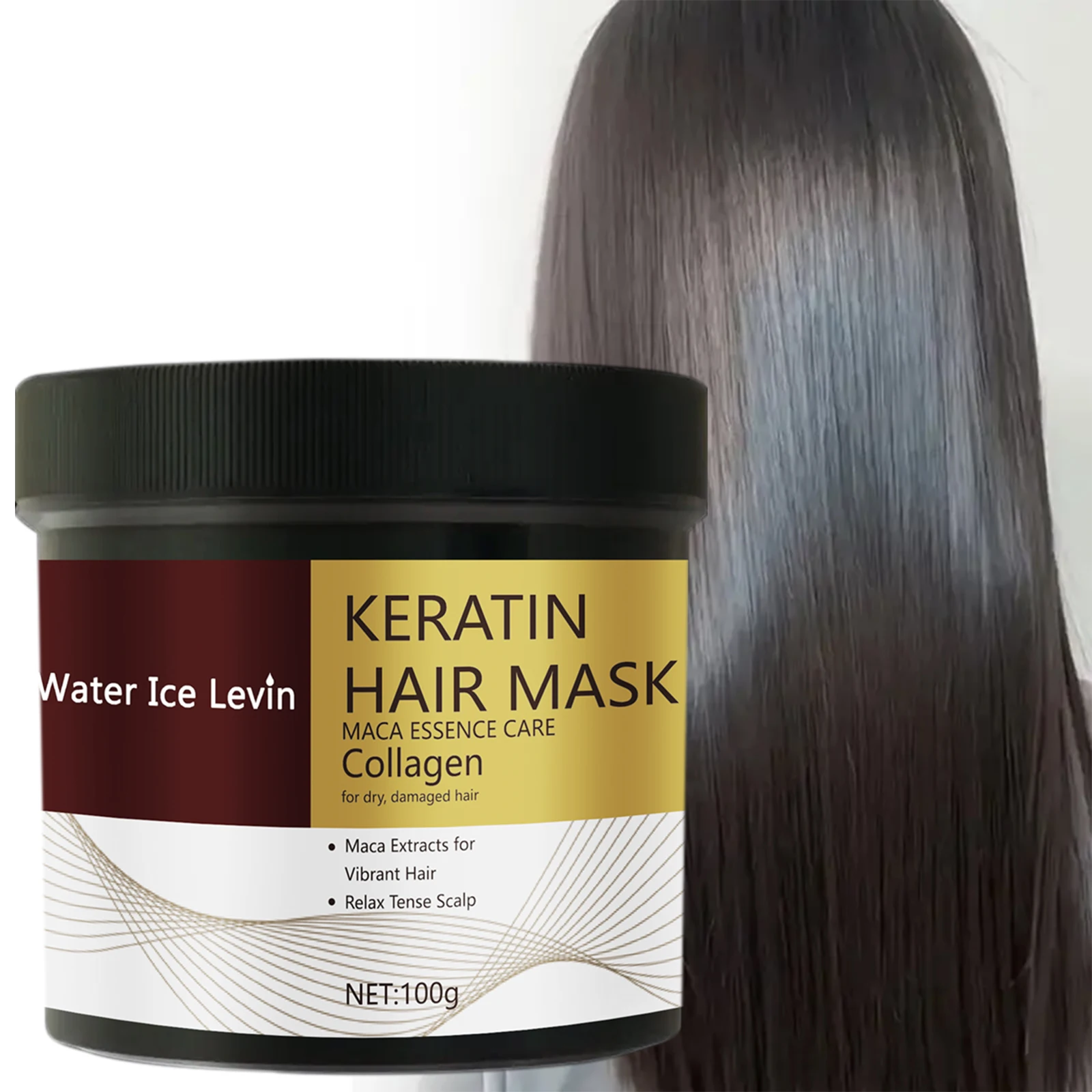 Mascarilla Capilar con Extracto de Maca y Queratina Hidrolizada Repara el cabello seco. Aceite de Argán con Colágeno Relaja el cuero cabelludo, restaura el brillo. 100g.