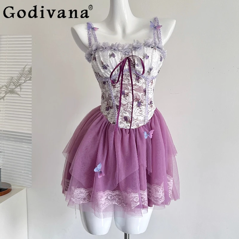 

Summer Pure Desire Princess Dress Women Sweet Three Dimensional Butterfly Waist Dress Girls Slimming Strap Puff Lolita Dress
