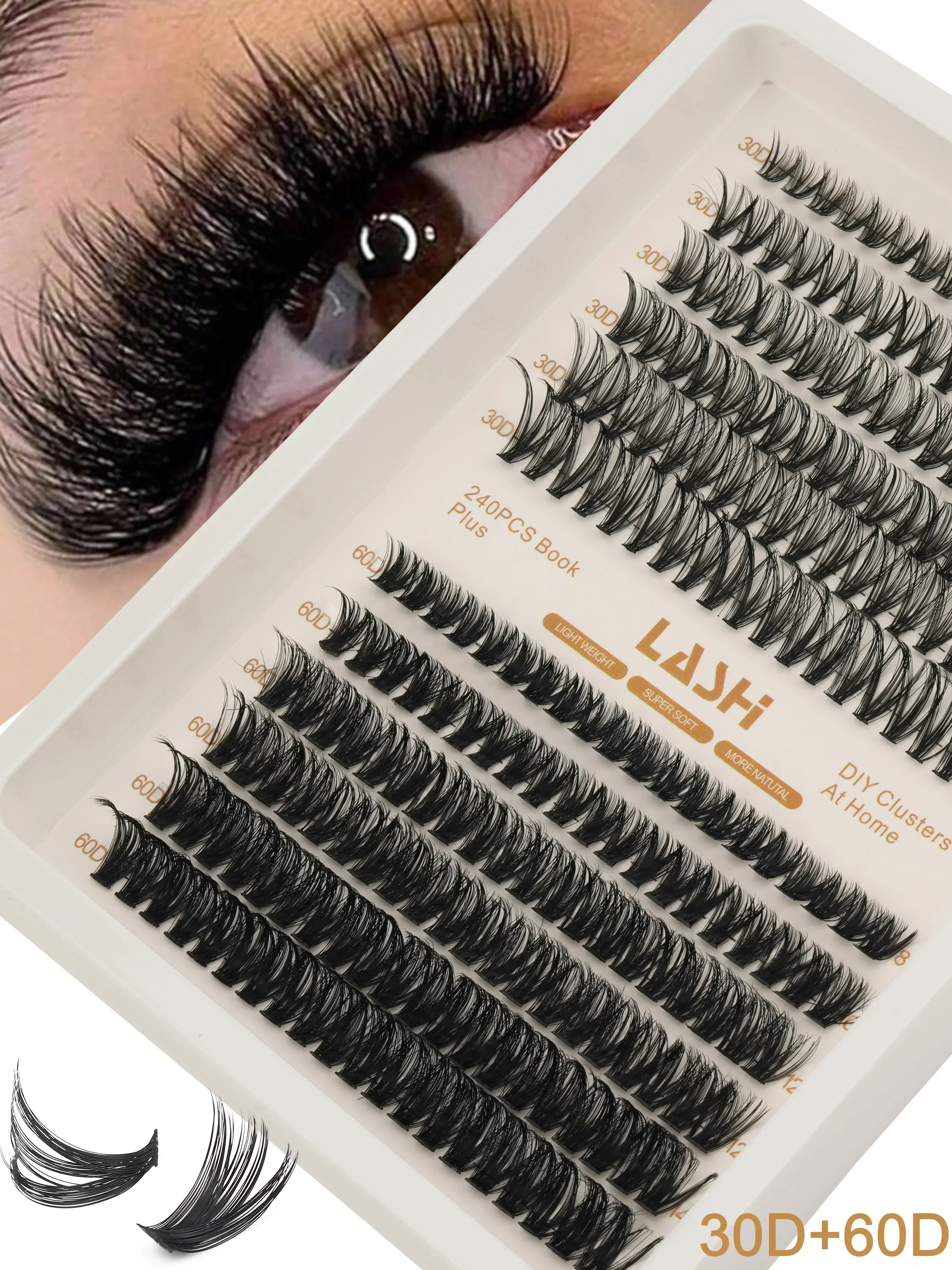 240Pcs Lash Clusters Kit 30D+60D Individual False Eyelashes DIY Eyelash Extensions With Seal Tweezers Soft Reusable Lashes