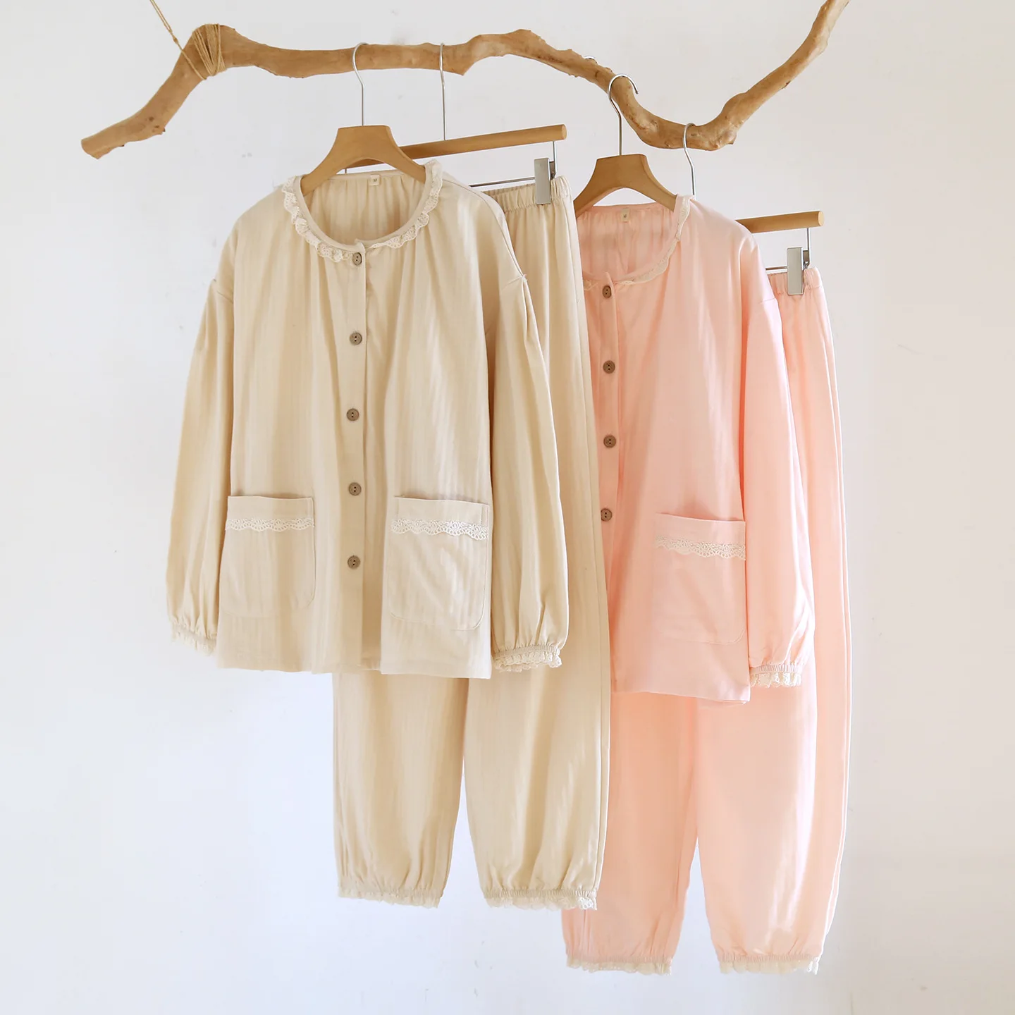Solid Color Cotton O-Neck Women Pajamas Sleepwear Spring Female 2 Piece Set Nightwear Lady Pyjamas Loungewear