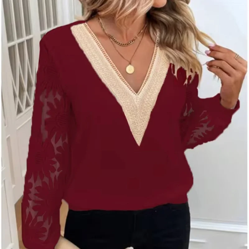 3 Solid Color Perspective Lace Long Sleeve Blouse Women\'s V-Neck Hollowed Out T-Shirt Elegant Daily Office Autumn Top