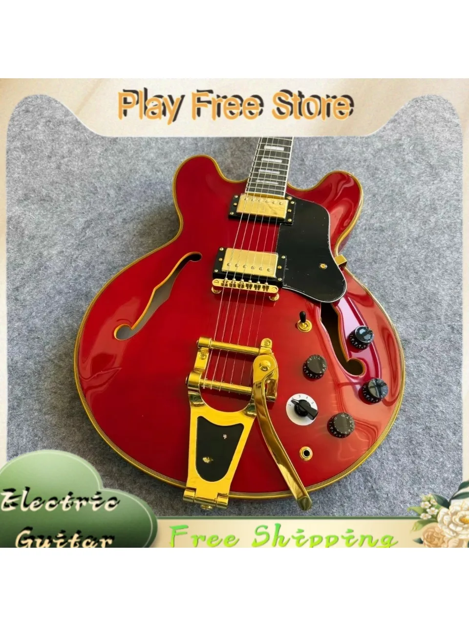 ES355 Semi-Hollow E-Gitarre HH Alnico5 Doppelspule Weinrot Goldene Bindung F-Loch Jazz-Gitarre für Aufnahmen Kostenloser Versand