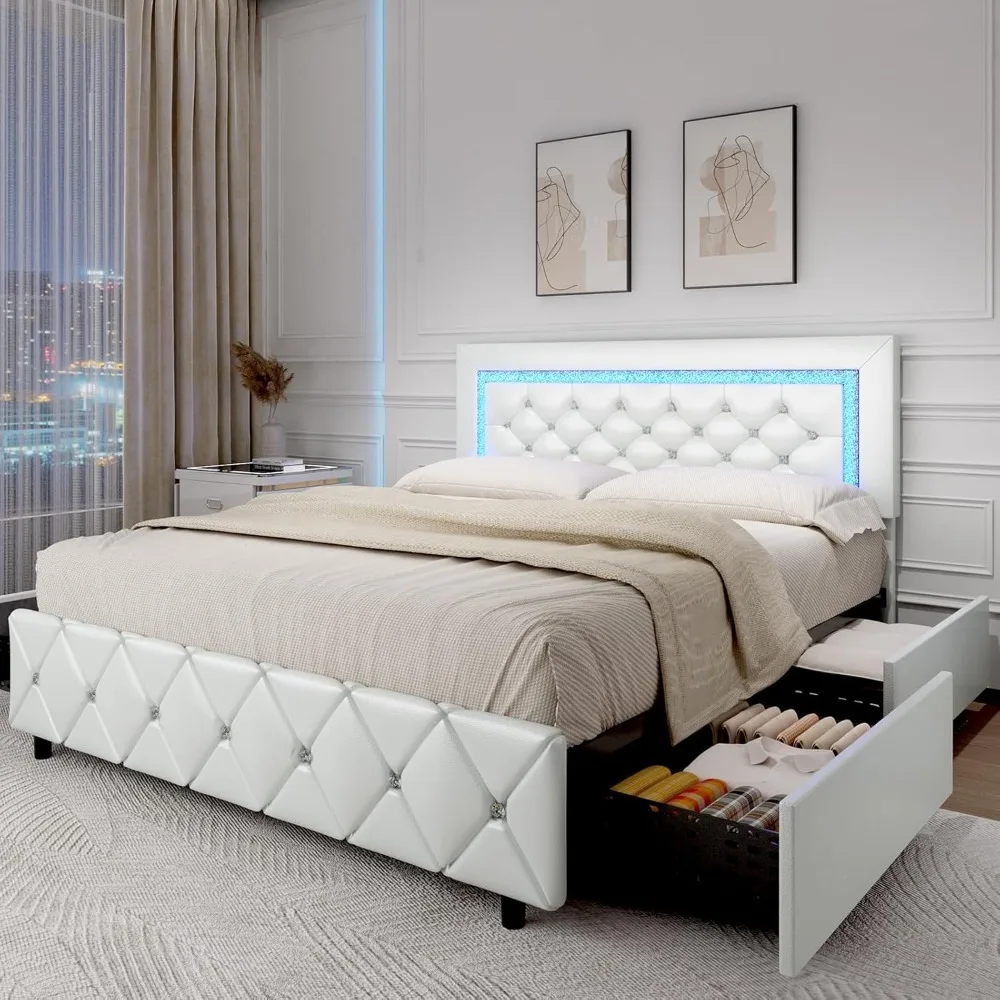 Queen Bed Frame with LED Lights, Upholstered Bed Frame with Storage Drawers, Princess Platform Bed with Diamond Headboard