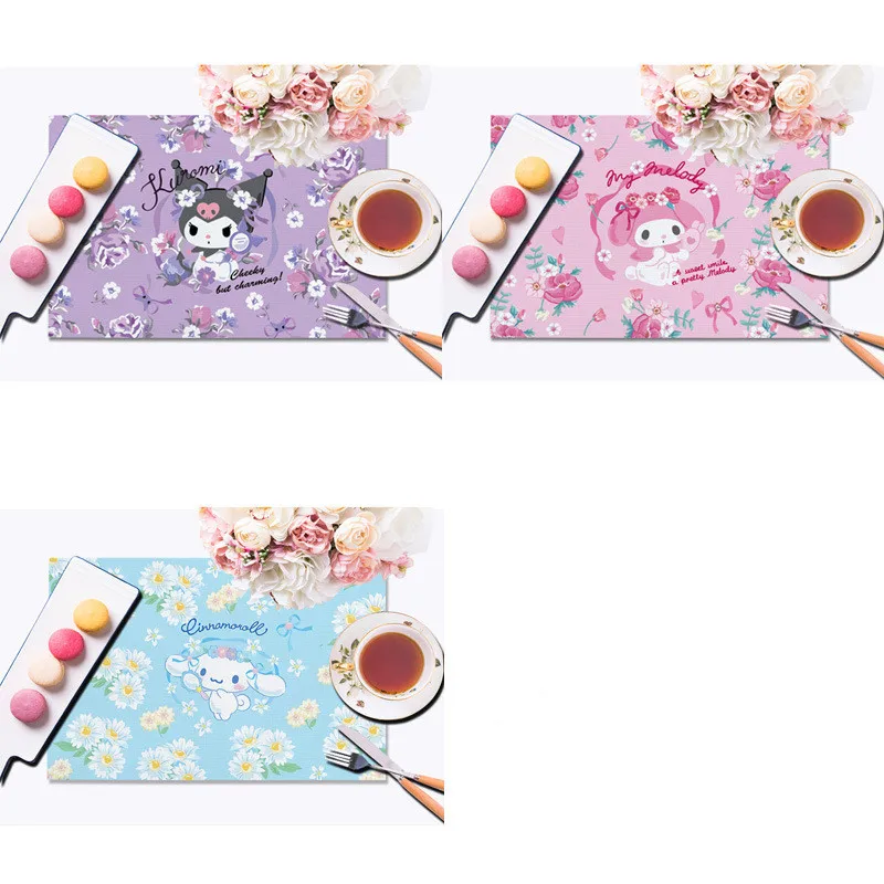 Sanrio Placemat Cartoon Kawaii Kuromi Mymelody Cinnamoroll Japanese Woven Placemat Student Heat Insulationpvc Table Mat