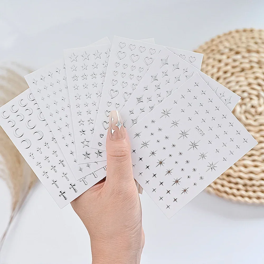 Autocollants pour Nail Art, 6 feuilles, autocollants auto-adhésifs pour Nail Art, chaîne en métal, cœur, métal argenté, étoile métallique 3D