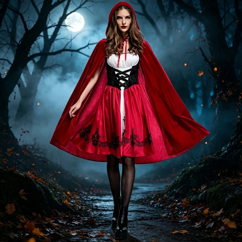Adult Little Red Riding Hood Cosplay Cape Costume Classic European Outfit for Halloween Masquerade Stage Party