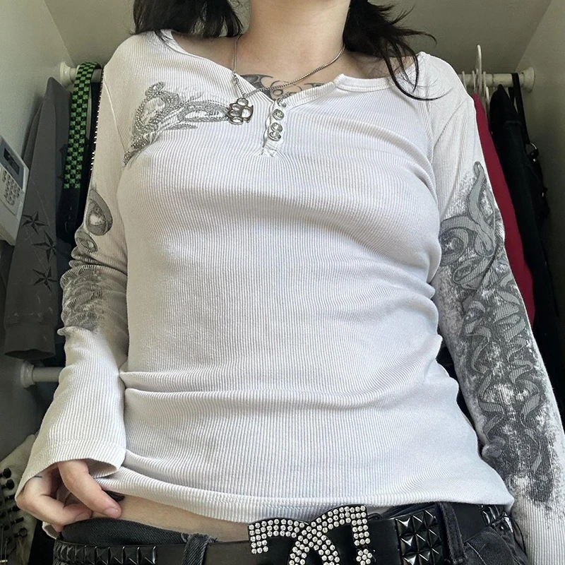 

Женская футболка в стиле Харадзюку, с длинным рукавом и принтом