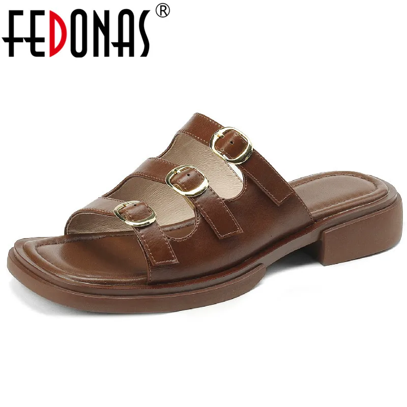 

FEDONAS Women Sandals Casual Retro Style Buckle Slipper Low Heels Genuine Leather Hollow Shoes Woman Spring Summer New Arrival