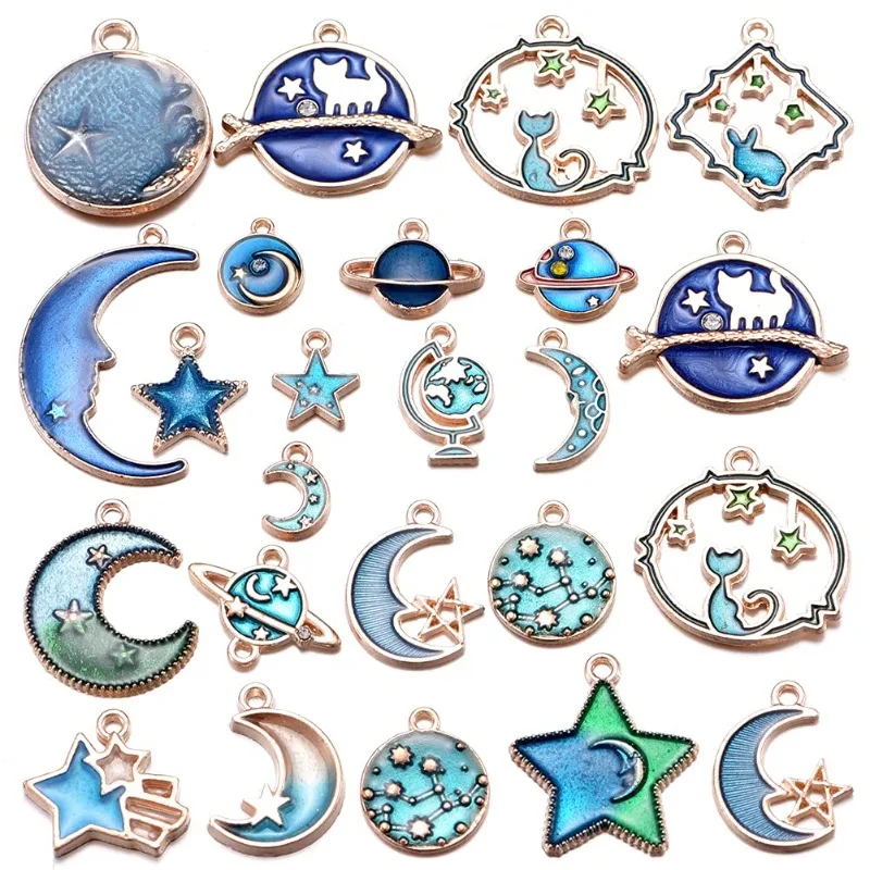 10pcs Assorted Enamel Cat Moon Star Celestial Charm Pendant DIY for Earrings Necklace Bracelet Jewelry Making Crafting