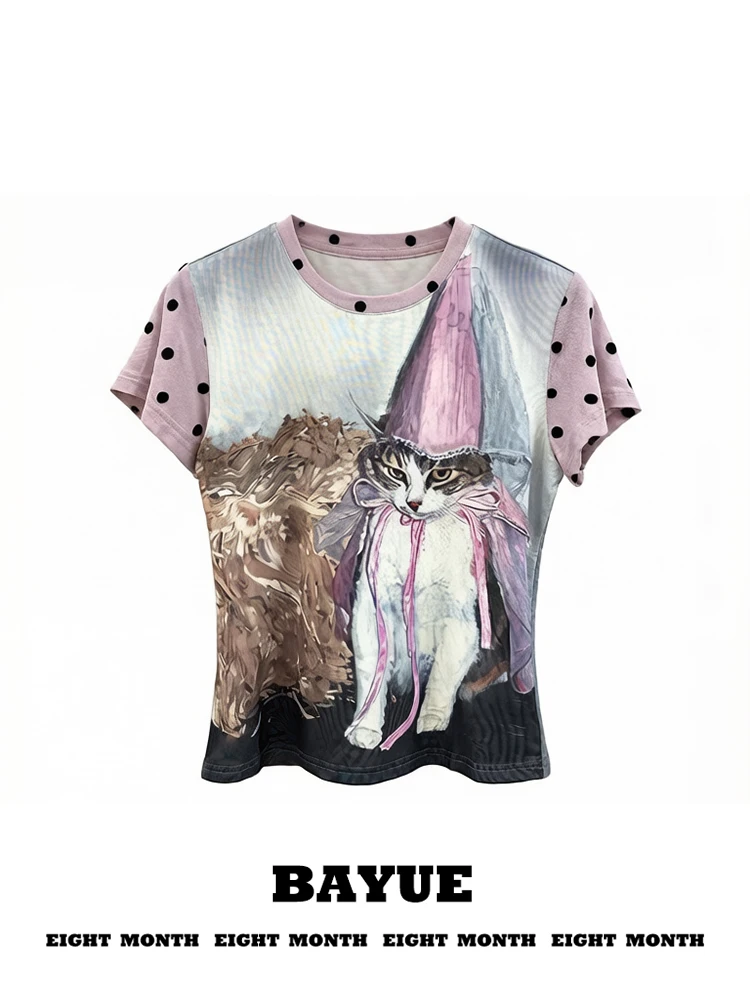 

Purple Bowtie Hat Print Tulle Short Sleeve T-Shirt Women Summer Y2K Cute Spicy Slim Fit Top Casual Style round Neck Short...