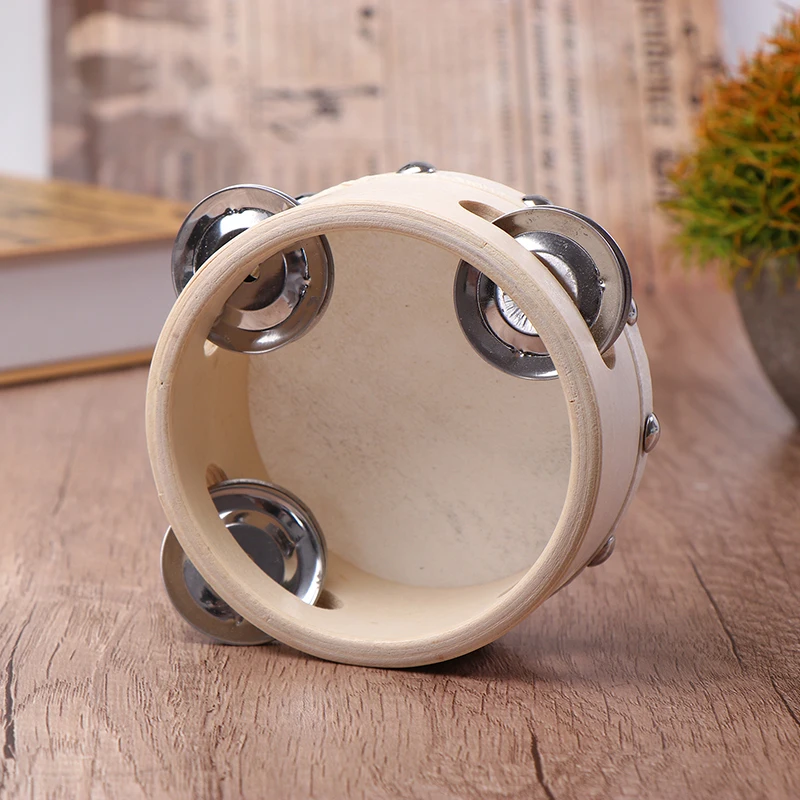 4 Inch Hand Held Tambourine With Metal Single Row Jingles Sheepskin Drum Skin Wooden Tambourines Entertainment Musical Toy