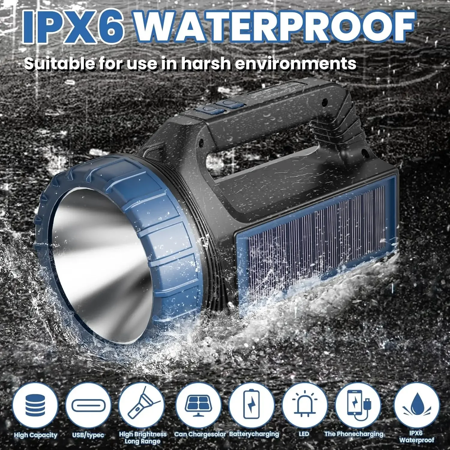 Portable Solar+USB LED Searchlight Rechargeable Camping Lantern Outdoor Power Bank Work Light Emergency Flashlight with Strap